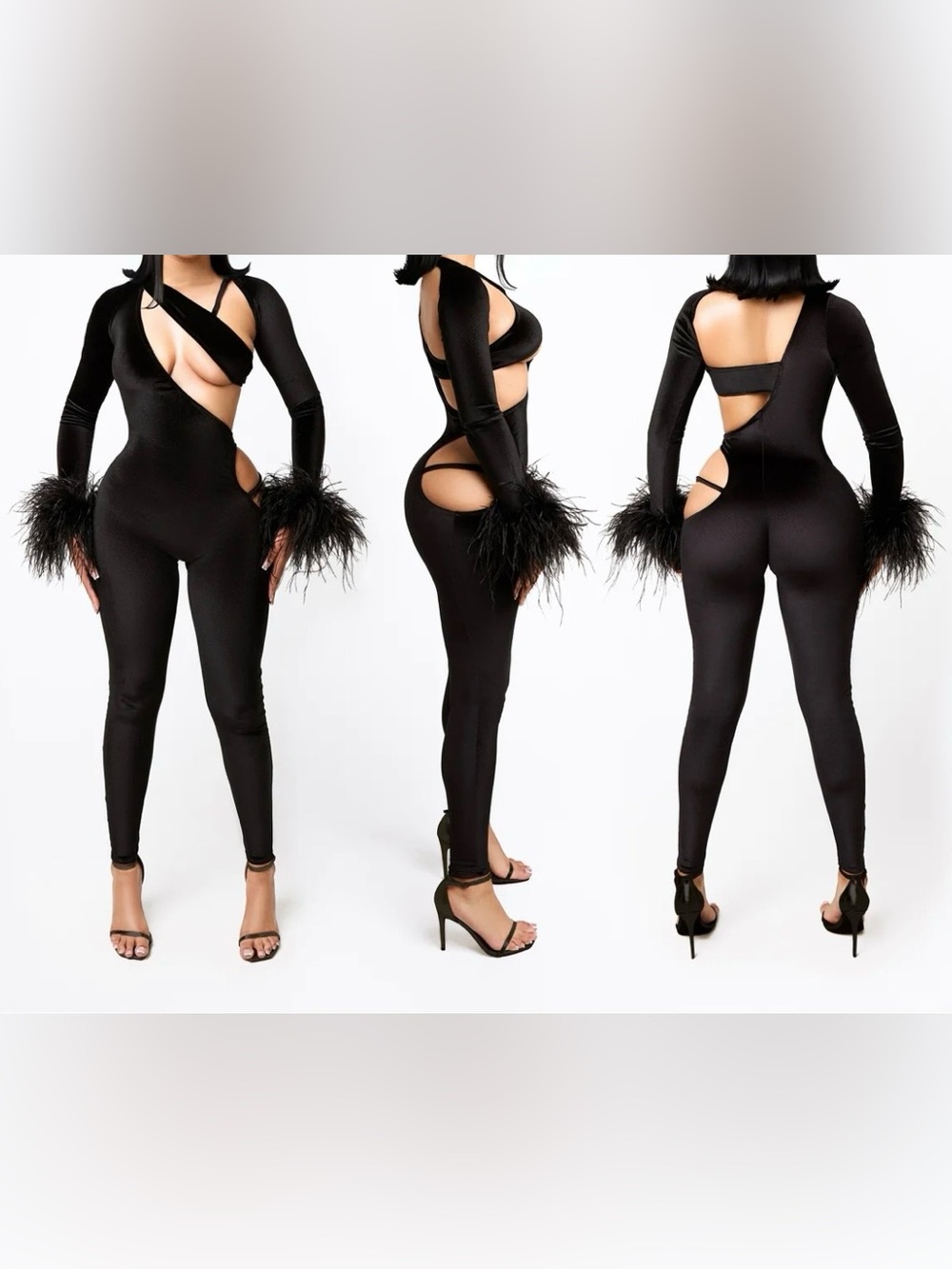 New Women’s Black velour velvet statement Cutout Ostrich Feather-Cuff Jumpsuit